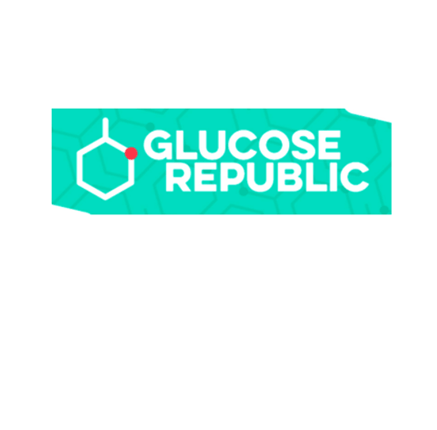glucose republic logo green background white text and icon of blood cell