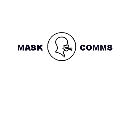 mask comms text logo in black on white with icon of person wearing face mask