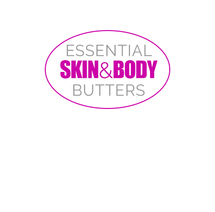 essential skin and body butters text logo in grey and pink inside oval shape