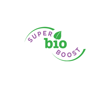 super bio boost logo green and purple on white background