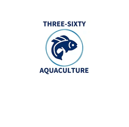 three sixty aquaculture logo with icon of fish in circle in blue on white background