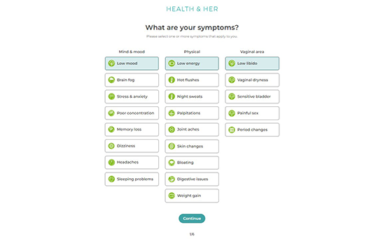 screenshot of symptoms tool on Health and Her website