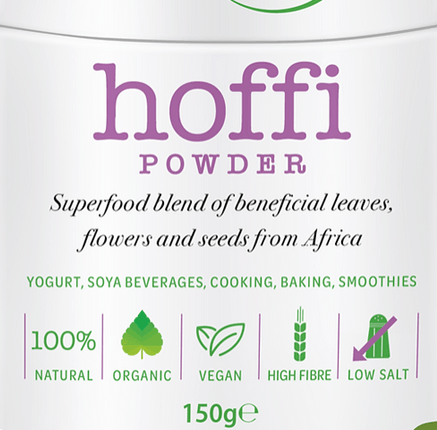image of Super Bio Boost's Hoffi Tea powder. Purple and green descriptive text on white label