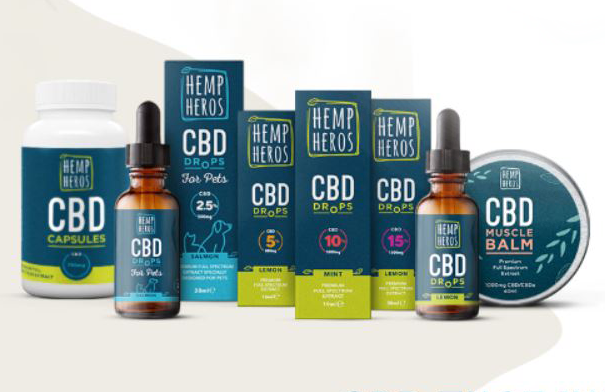 Range of Hemp Heros CBD products that were used in a research study with HTC at Swansea University