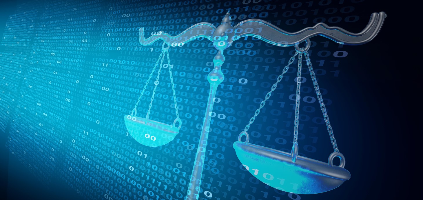 Abstract image of law scales against binary code background 