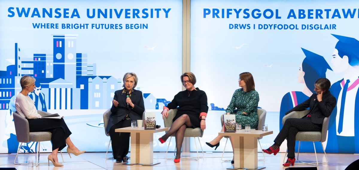 The panel at the Gutsy Welsh Women event at Swansea University, including Hillary Rodham Clinton