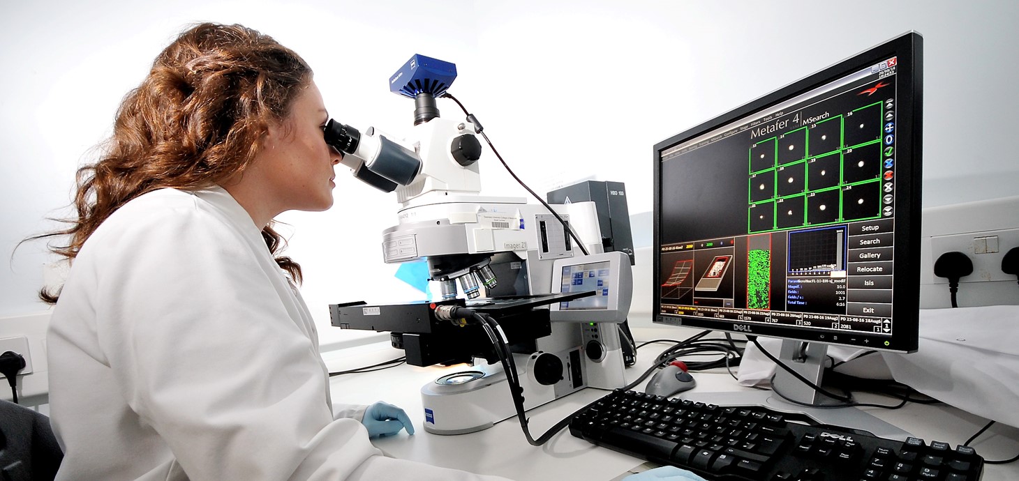 Researcher looking through microscope in a laboratory.