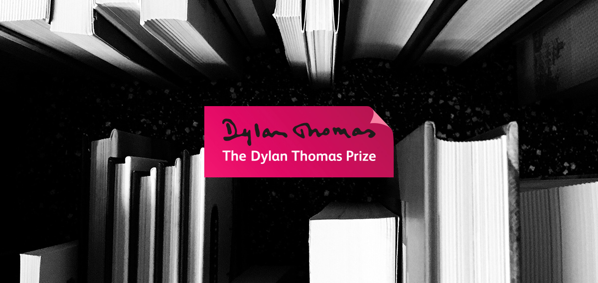 Black and white image of books with Dylan Thomas Prize logo on top 