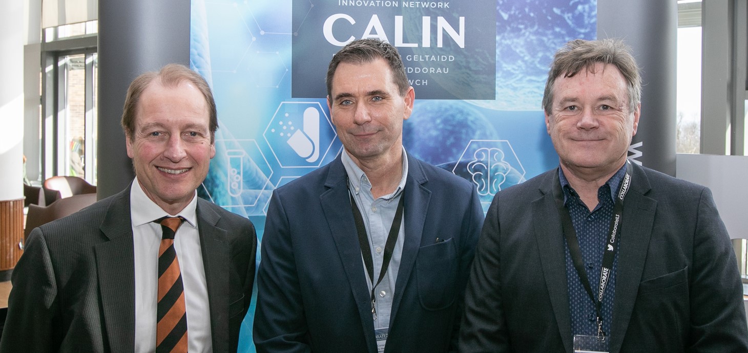 Vice-Chancellor Paul Boyle with CALIN director Steve Conlan and head of Swansea University Medical School Keith Lloyd at the Collaborate 2020 conference.