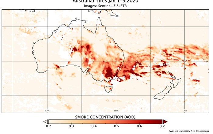 Satellite image of smoke concentration during Australian wildfires.