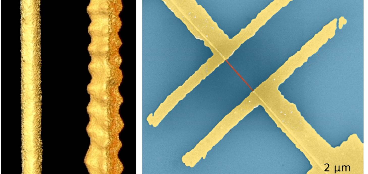 Left hand image - two nanowires, one which behaves like a semiconductor and one like a metal. Right-hand image - electrical device consisting of two gold electrodes contacting a nanowire (in red) on a silicon chip (in blue) 