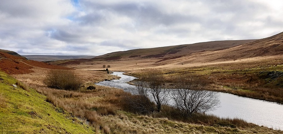 Image shows the Claerwen River in Elan Valley.