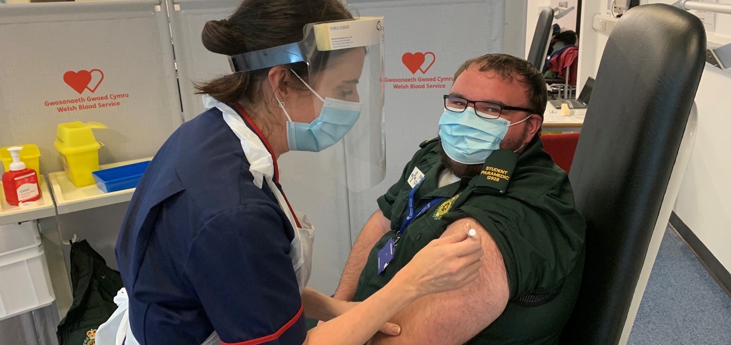 Paramedic students vaccinated as they continue to help support services. First year BSc Paramedic Science student Craig Brown getting his vaccination.