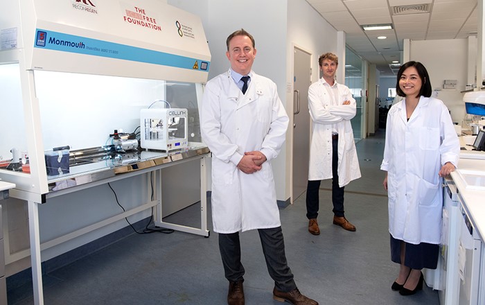Prof Iain Whitaker (left), Tom Jovic and Cynthia De Courcey in the ReconRegen lab at Swansea University