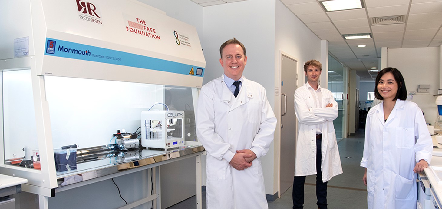 University hosts pioneering £2.5m research into 3D bioprinting using human cells. Prof Iain Whitaker (left), Tom Jovic and Cynthia De Courcey in the ReconRegen lab at Swansea University