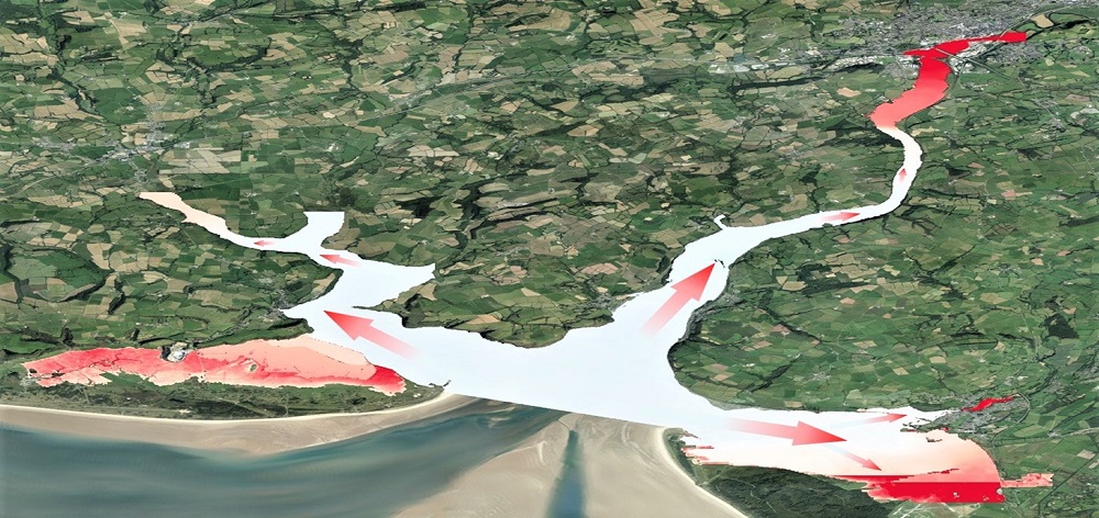 Map of Three Rivers estuary in south Wales: red areas indicate large reductions in water level where marsh is present, and blue-white where little to no effect was observed, showing that the presence of marsh vegetation has the greatest flood protective effect for towns and infrastructure upstream