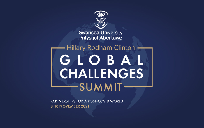 Hillary Rodham Clinton Global Challenges Summit logo featuring Swansea University's crest and a globe.
