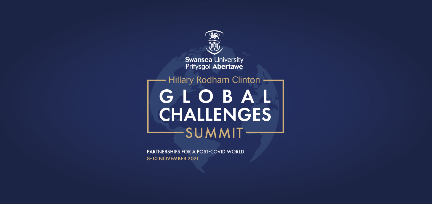 Hillary Rodham Clinton Global Challenges Summit logo featuring Swansea University's crest and a globe. 