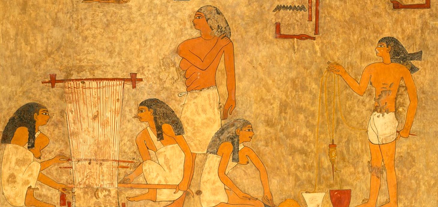 Faded painting of ancient Egyptians weaving cloth and spinning thread.