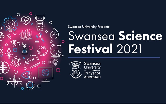 The Swansea University logo, and a variety of graphics, including a dolphin and a robot. TEXT - Swansea University Presents: Swansea Science Festival 2021