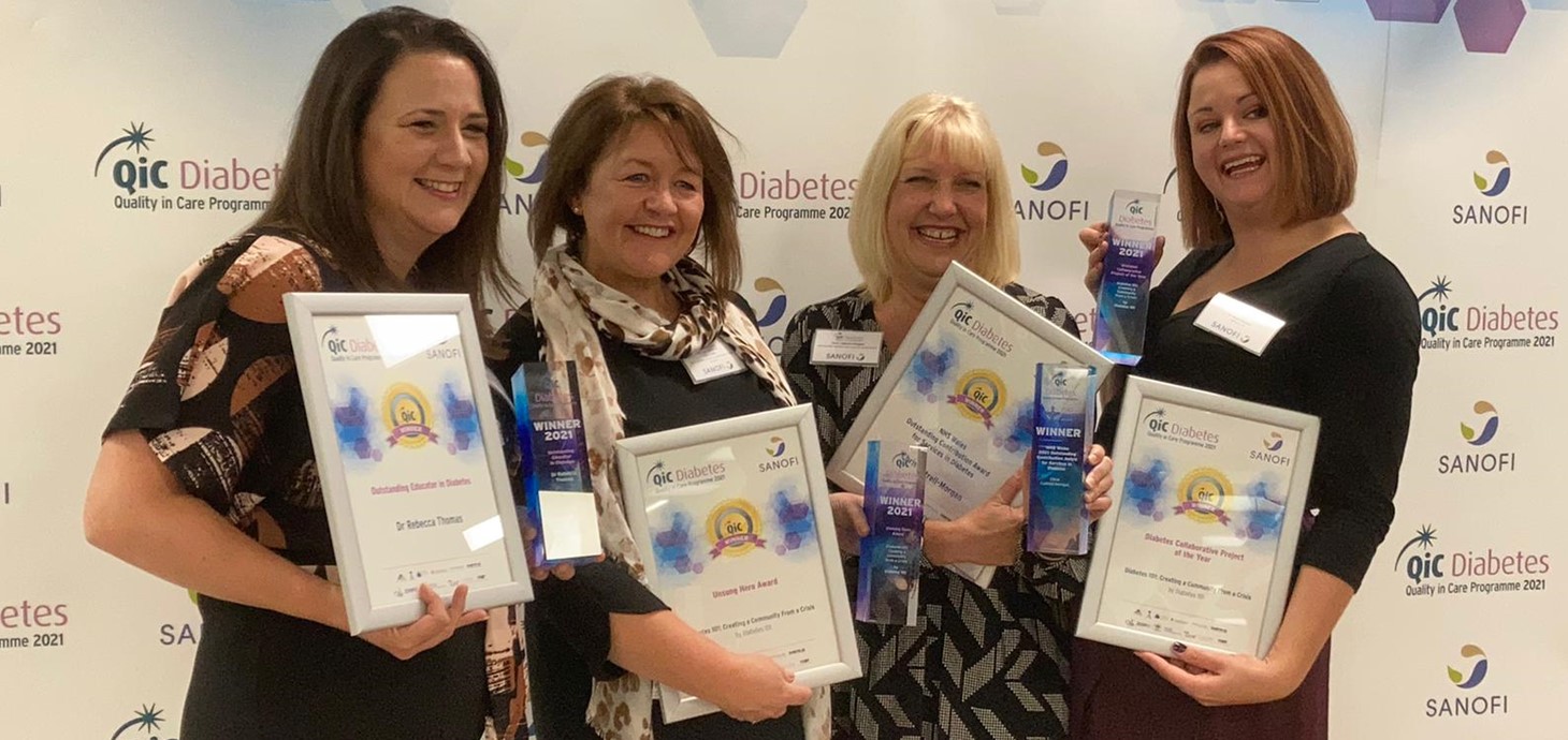 Triple awards success for University diabetes expert. (From left) Dr Becky Thomas, Julie Lewis, also part of Diabetes 101, Chris Cottrell and Dr Rose Stewart with their awards.
