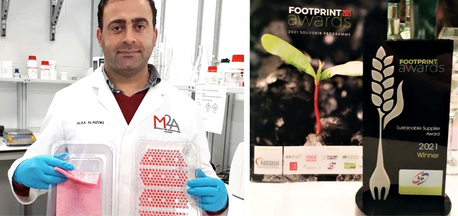 Swansea researcher Alaa Alaizoki showing (right) a new type of plastic packaging for raw meat which avoids the need for non-recyclable pads inside the trays to soak up the juices. Also pictured is the Sustainable Supplier Award in the 2021 Footprint Awards which he won.