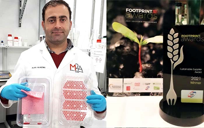 Swansea researcher Alaa Alaizoki showing (right) a new type of plastic packaging for raw meat which avoids the need for non-recyclable pads inside the trays to soak up the juices. Also pictured is the Sustainable Supplier Award in the 2021 Footprint Awards which he won.