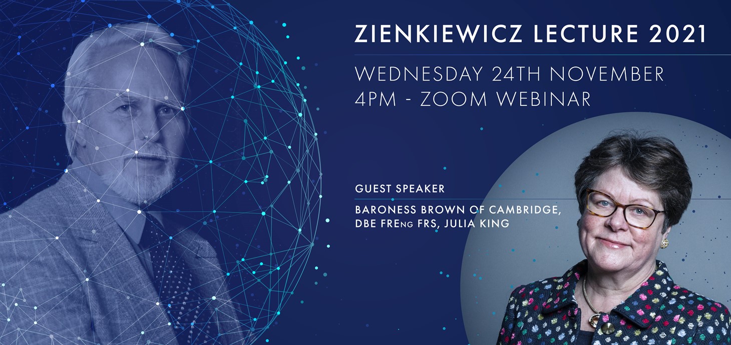 A graphic featuring photos of Professor Olek Zienkiewicz and Baroness Brown.