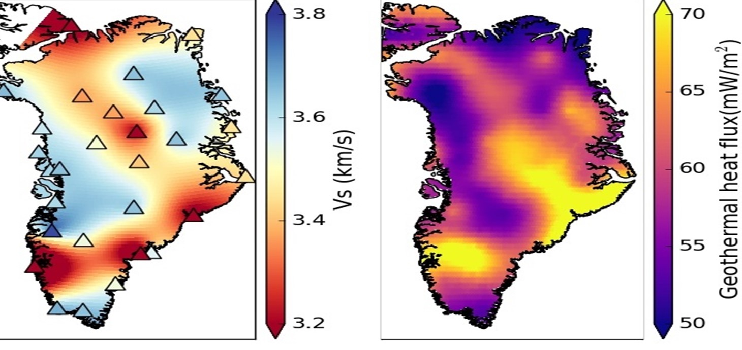 Underneath the Greenland Ice Sheet: slower underground seismic wave speed (left) is associated with hotter areas (right). 
