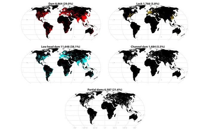 The global distribution, counts and percentages of five infrastructure types (Dams, Low head dams, Locks, Channel dams, and Partial dams) in the Global River Obstructions Database.