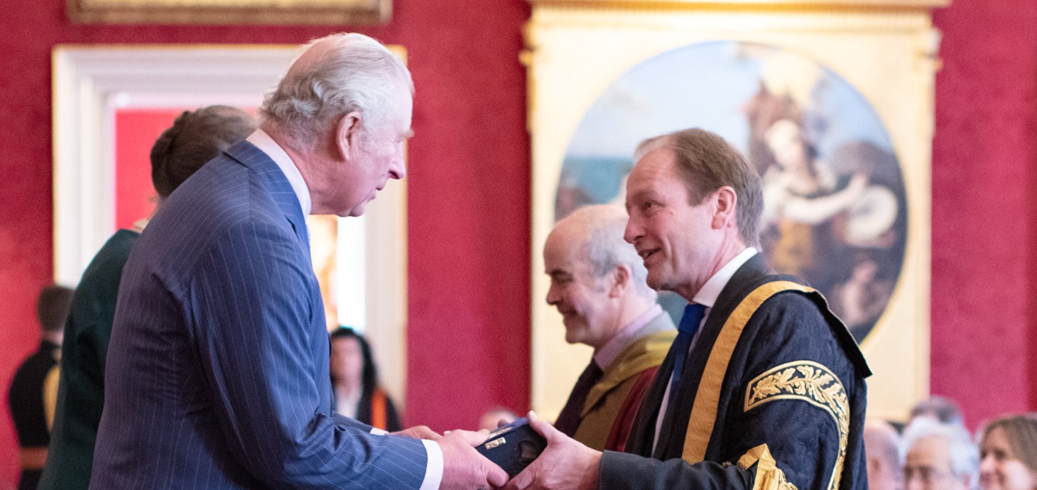 HRH The Prince of Wales presents the Queen's Anniversary Prize to Professor Paul Boyle, Vice-Chancellor of Swansea University.