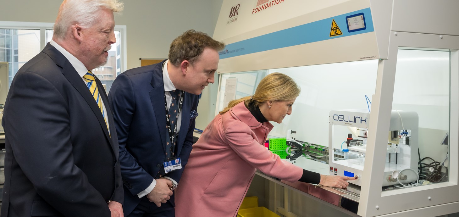 Royal visit to life-changing research facility in Swansea. Scar Free Foundation ambassador Simon Weston, Prof Iain Whitaker and the Countess of Wessex
