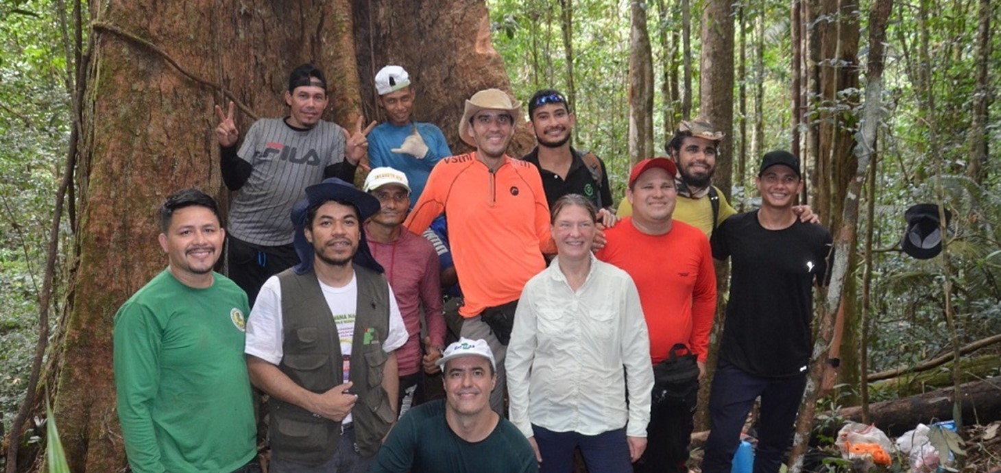 Dr Jackie Rosette (standing, white shirt) at the base of the 83 metre tree discovered in the Amazon, with her colleagues on the research expedition. 