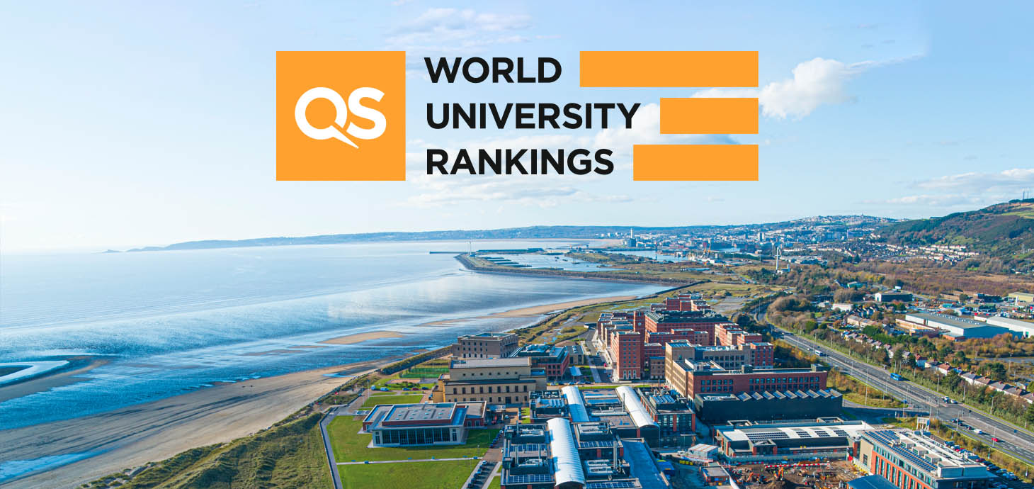 QS World University Rankings appears in text over an aerial shot of Swansea.