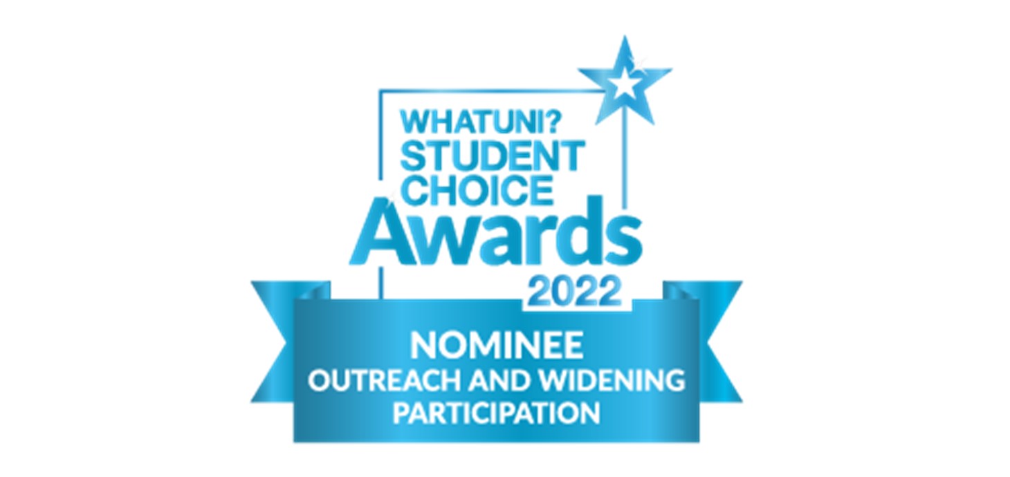 A graphic which announces Swansea University as a nominee in the Outreach and Widening Participation category of the Whatuni Student Choice Awards 2022.