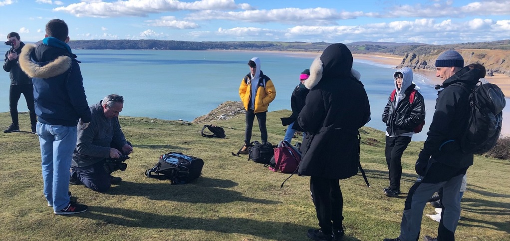 The film crew on location above Three Cliffs Bay.