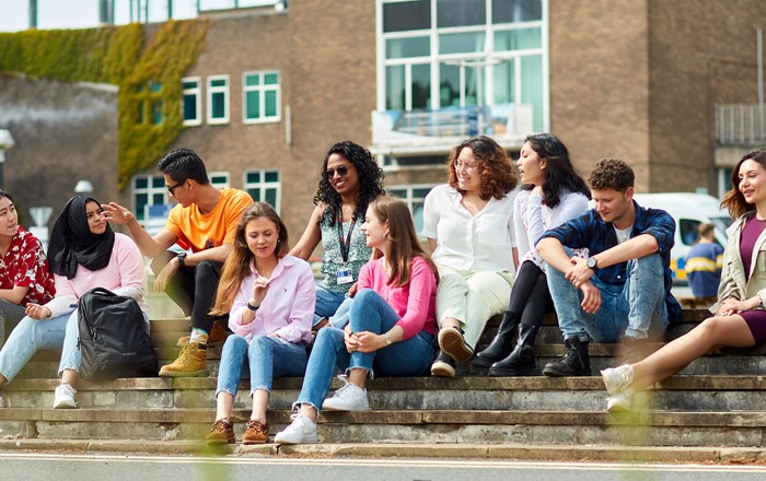 A group of students sitting on the steps in front of Fulton House.