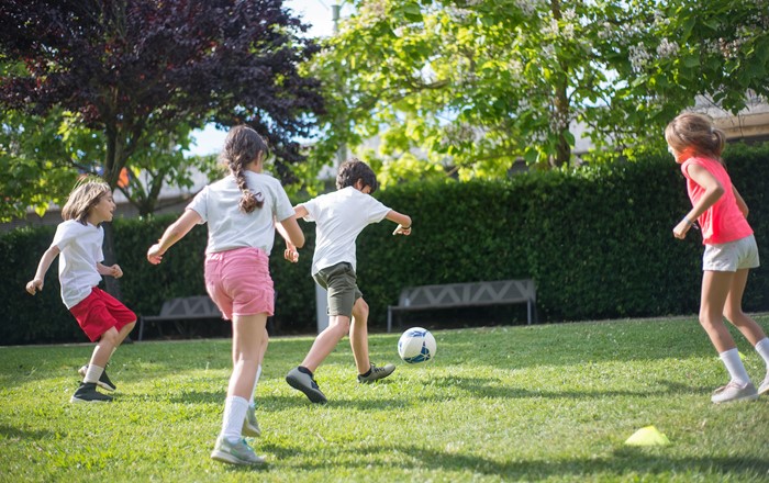 Four children are playing football in a park in front of a hedge and two benches.