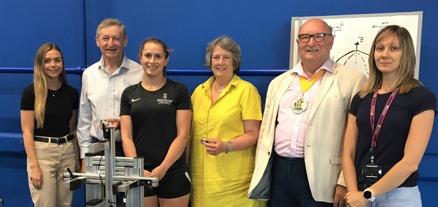 Pictured in the sports science laboratories at Swansea University are (L-R): Rachael Kemp; Simon Hart (Livery Company); Freja Petrie; Sylvia Robert-Sargeant and Stuart Castledine, (Livery Company); and Dr Melitta McNarry, PhD supervisor for both award winners