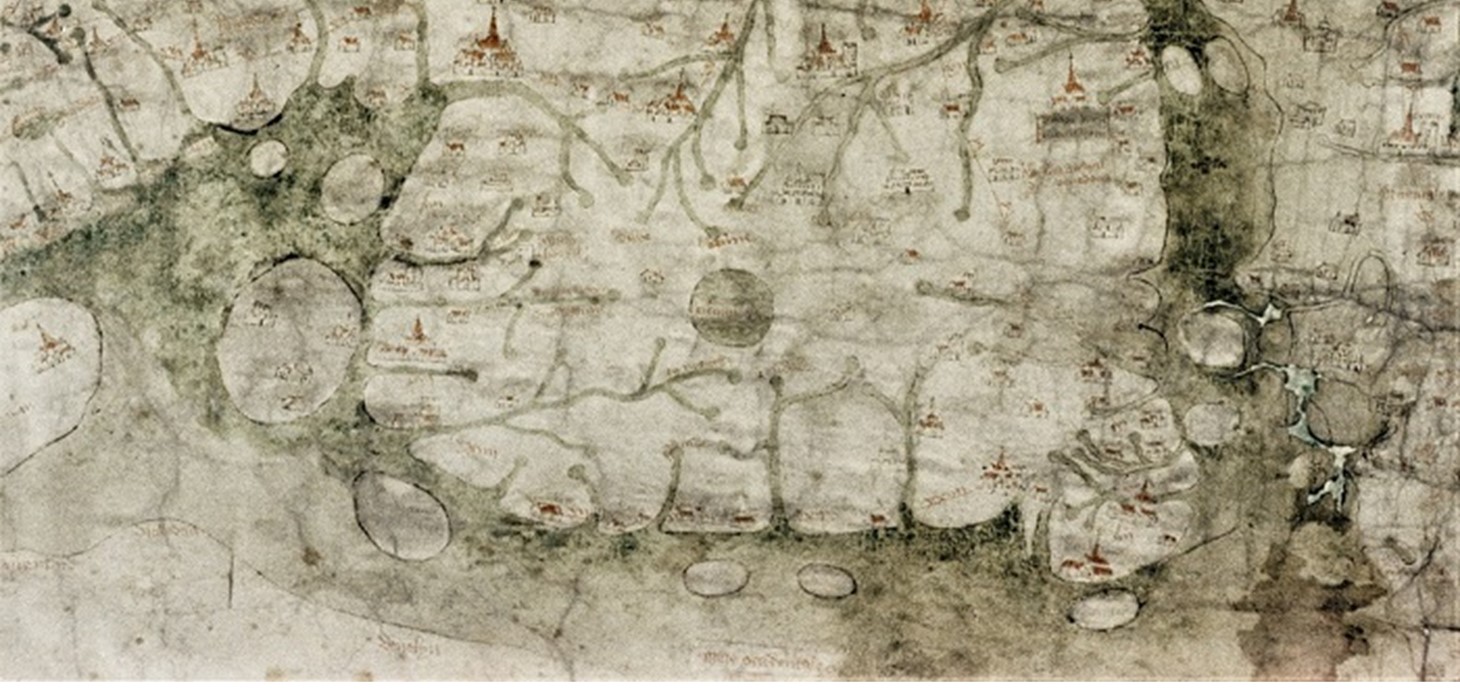 Extract of the Gough Map showing Wales and the two ‘lost’ islands of Cardigan Bay in the bottom-centre of the image (note the map is orientated with East at the top; reproduced with permission of the Bodleian Library, Oxford.