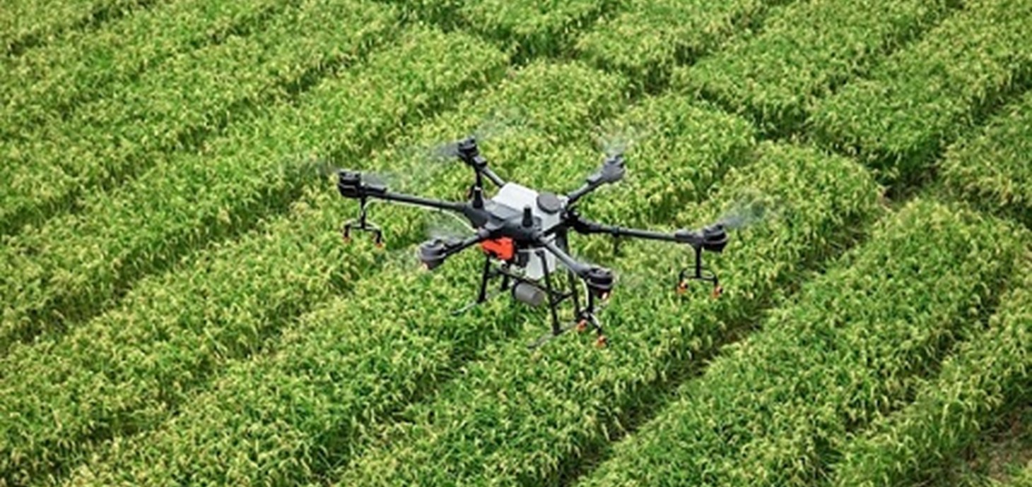 A drone flies over a crop field; the way in which technology has transformed the field of pest control was one of the themes of the Swansea conference