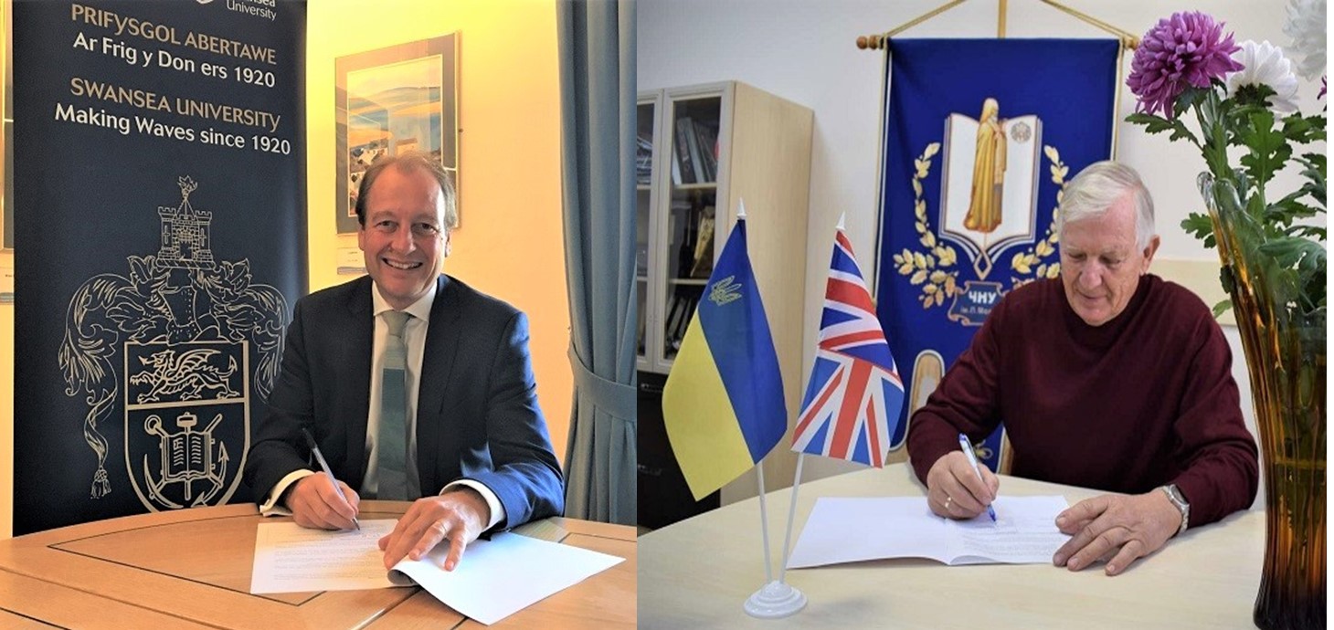 Professor Paul Boyle in Swansea (left) and Professor Leonid Klymenko (right) in Mykolaiv, sign the agreement between their two universities. It outlines the framework for collaboration, including research and academic partnerships.