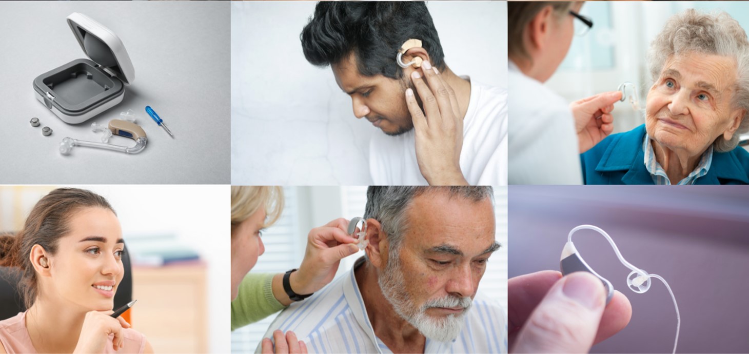 A collage of photos of people using hearing aids.