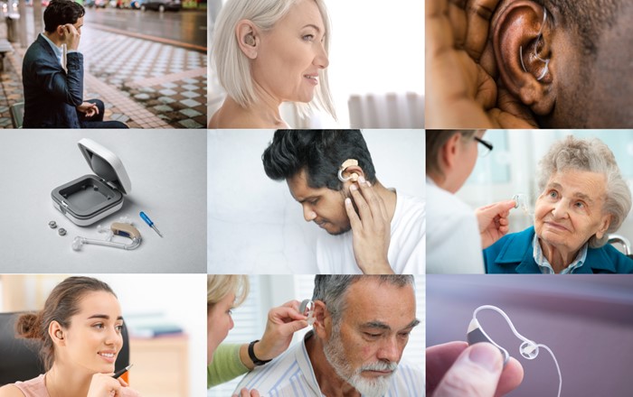 A collage of photos of people using hearing aids.