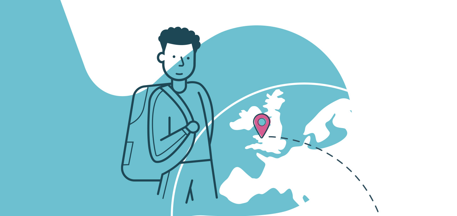 Illustration of a teenage boy holding a backpack with a map of Wales in the background