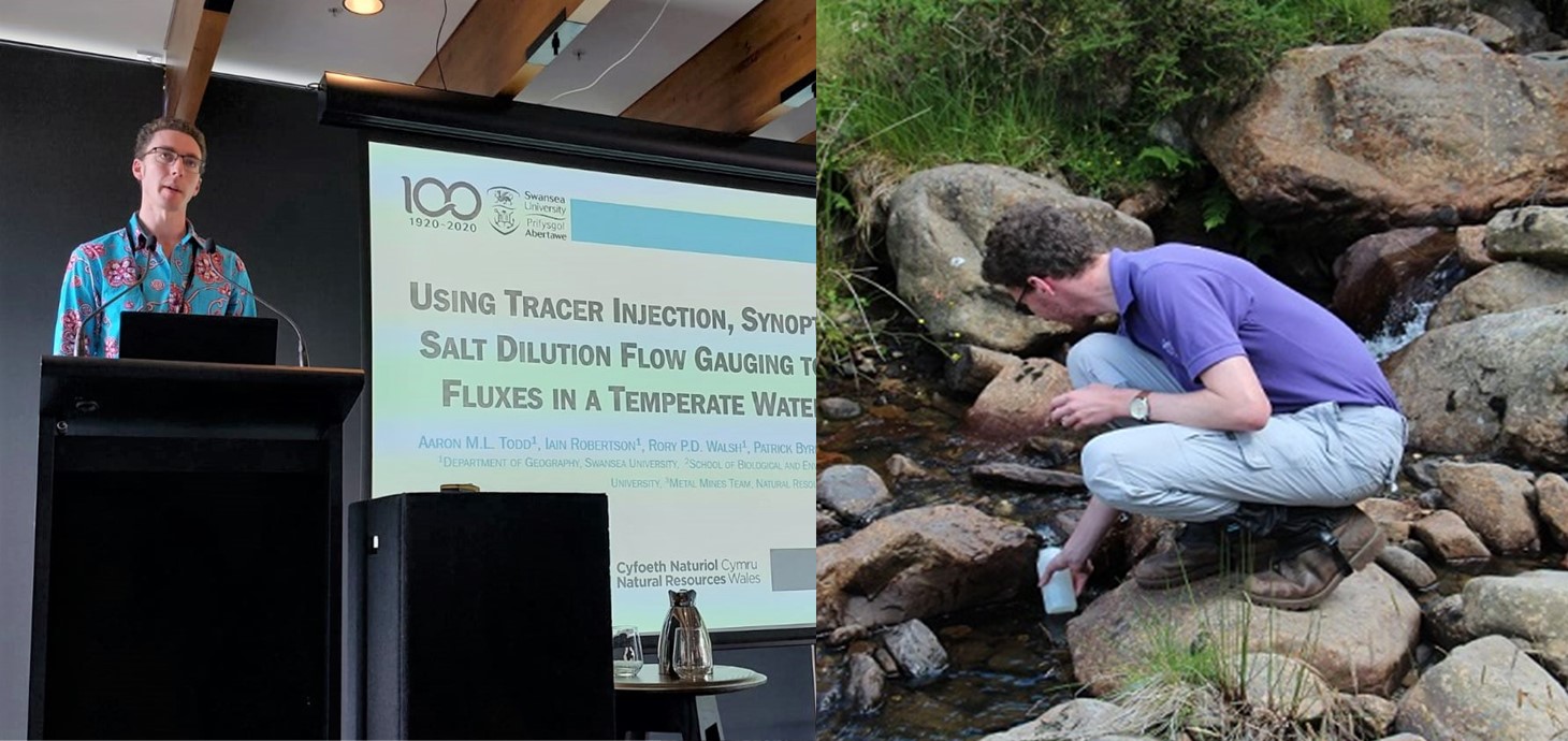 Aaron Todd taking water samples from a stream, and giving his prize-winning conference presentation