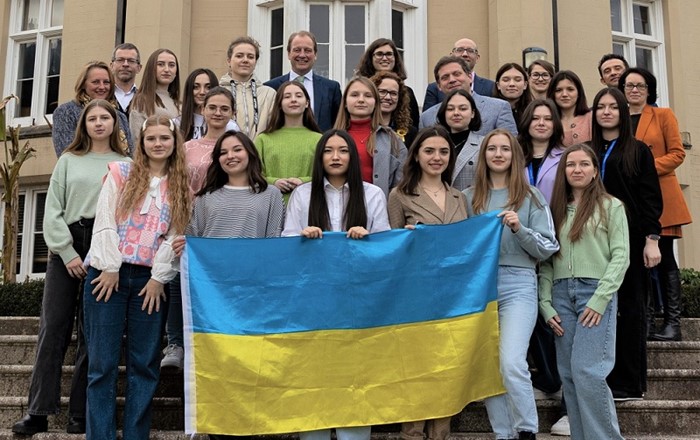 Students from Ukraine, including from Swansea’s partner university in the country, pictured at Swansea University, with the Vice-Chancellor, other Swansea staff and representatives from Universities UK.