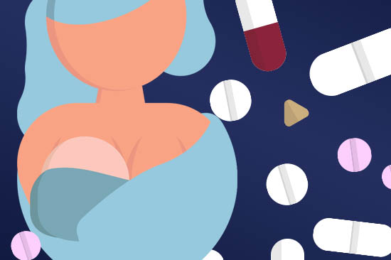 Graphic of a woman holding a baby surrounded by images of medicinal pills and capsules.