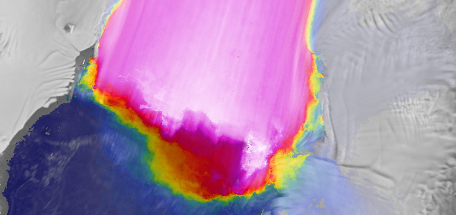 Satellite-based image of Pine Island Glacier, which is responsible for one quarter of the ice loss from Antarctica. Where it meets the ocean, the ice tongue is 30km wide and flowing at over 15 metres per day (pink to white colours).
