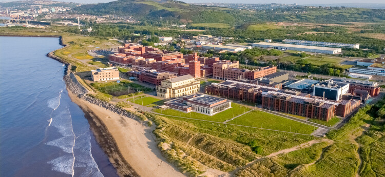 An aerial shot looking down on the Bay Campus